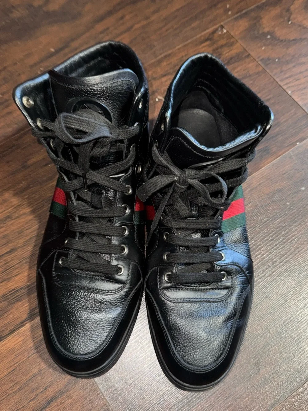 Gucci Black Leather High-Top Boots with Green and Red Web Stripe